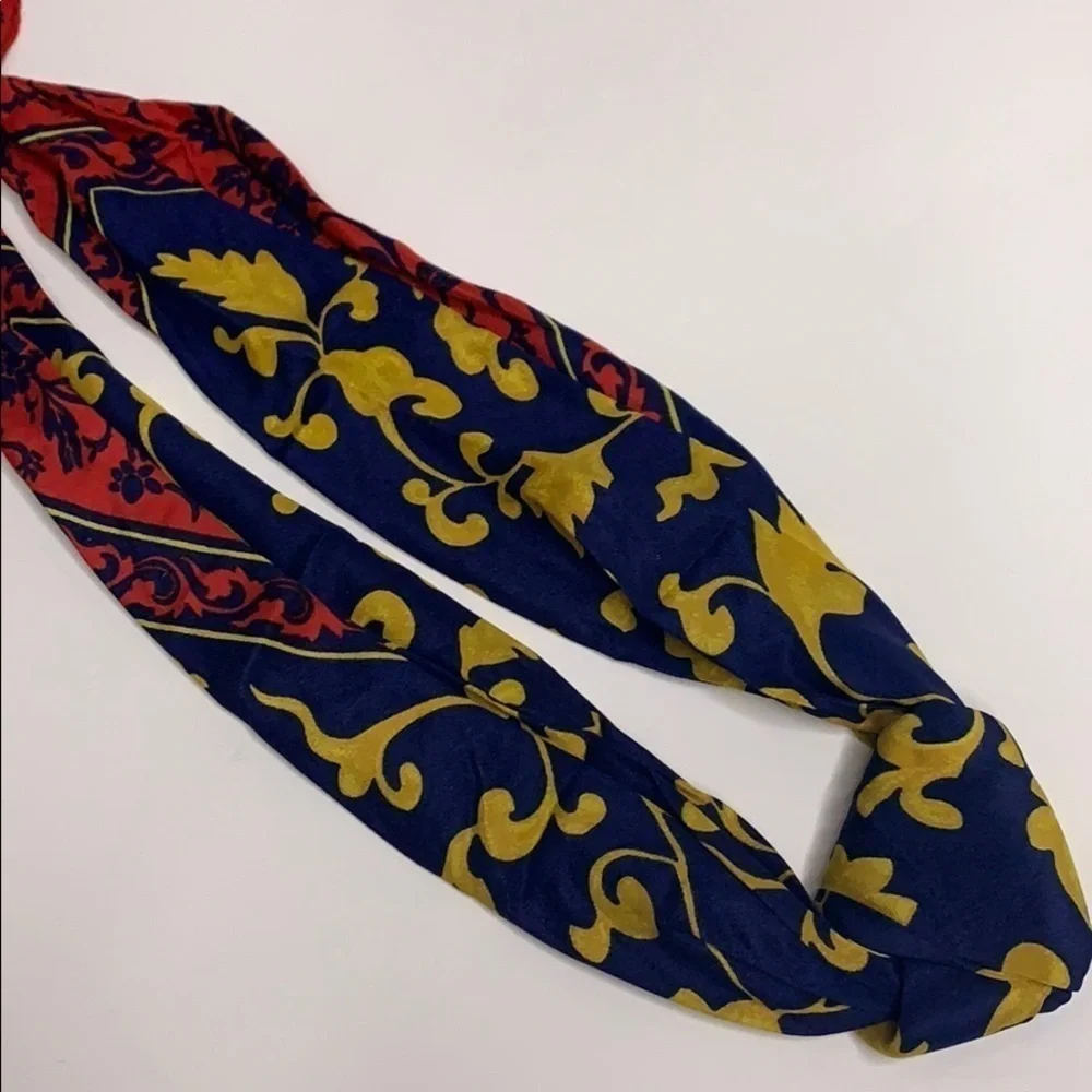 Vintage Regal Red Blue Gold Silk scarf neck tie infinity accessory